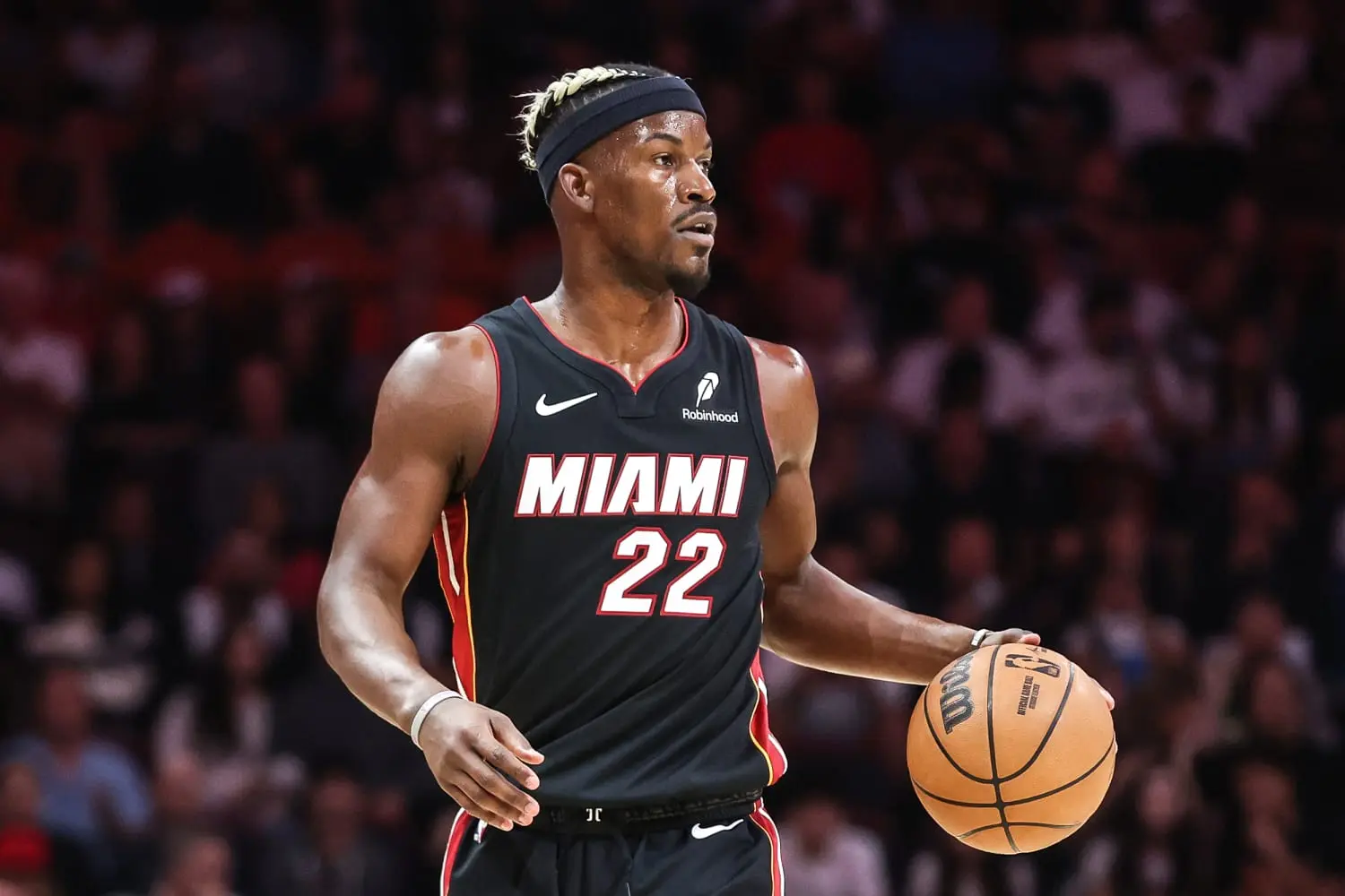 Jimmy Butler in a Miami Heat uniform during a basketball game.