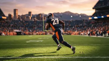 Denver Broncos running back in orange uniform racing on field with mountain backdrop