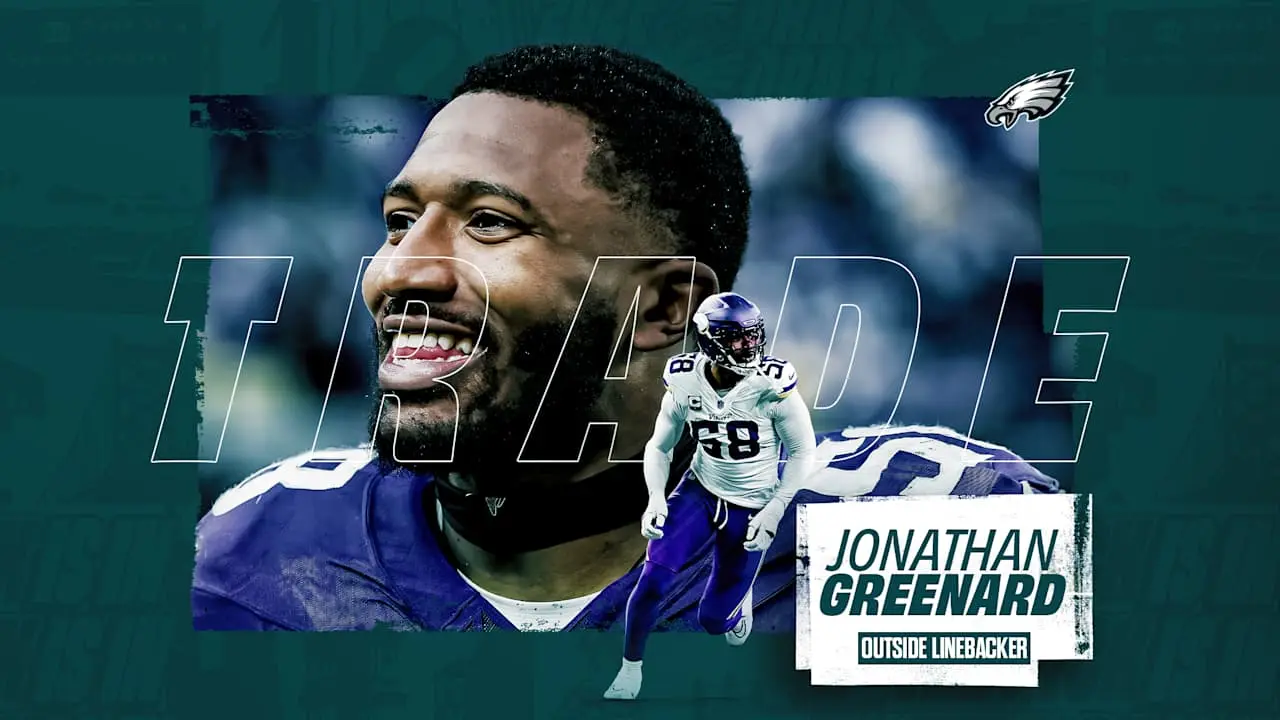 Jonathan Greenard smiling with Eagles logo and trade graphics in the background.