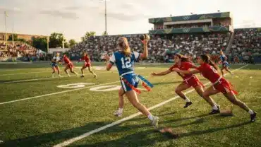 Flag football action shot with Olympic stadium setting and athletes in dynamic play