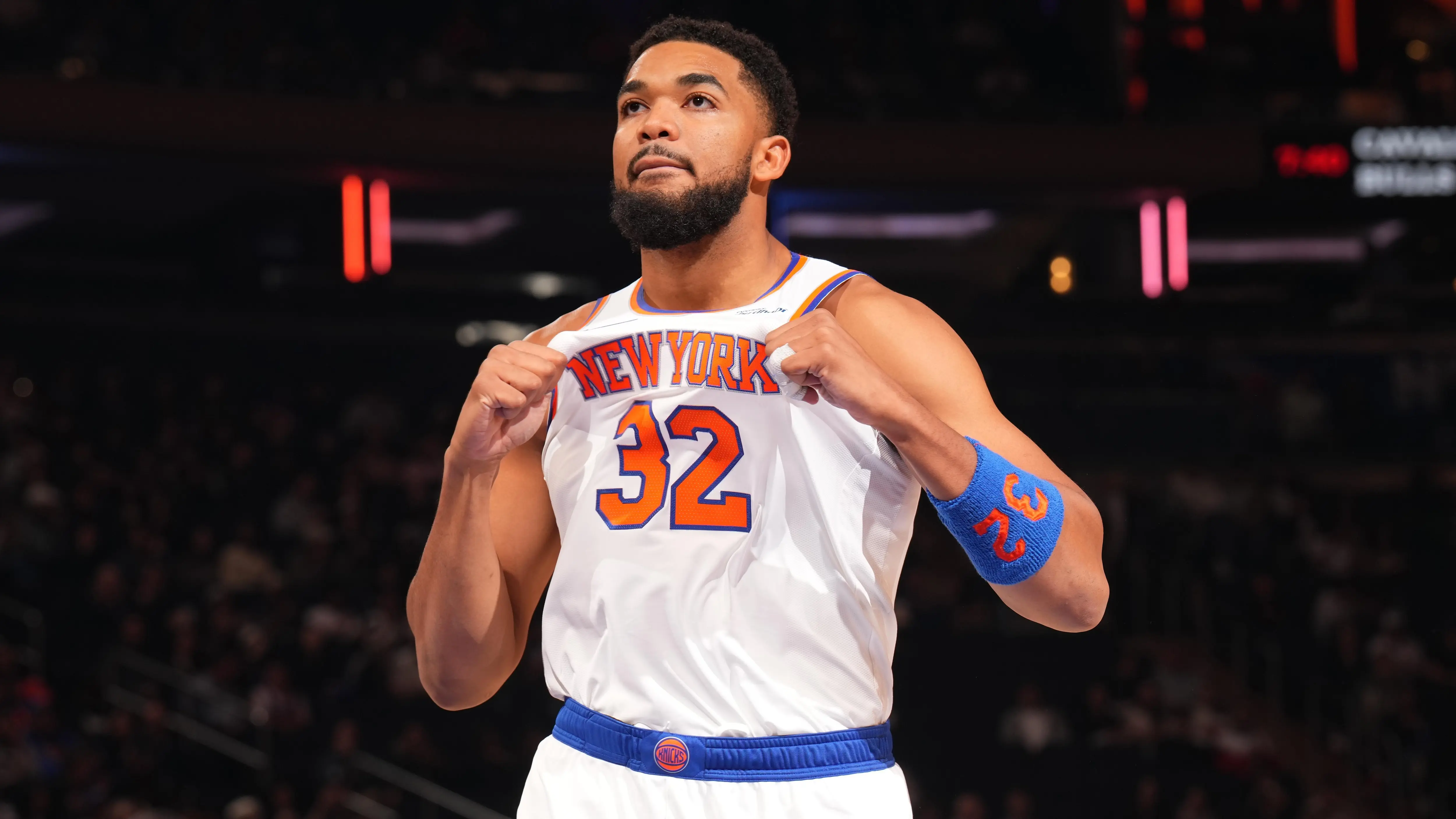 Karl-Anthony Towns in a New York Knicks uniform, posing with pride.
