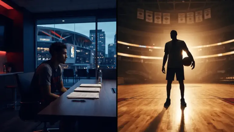 Split composition showing basketball contract negotiation and veteran player silhouette representing trade decision