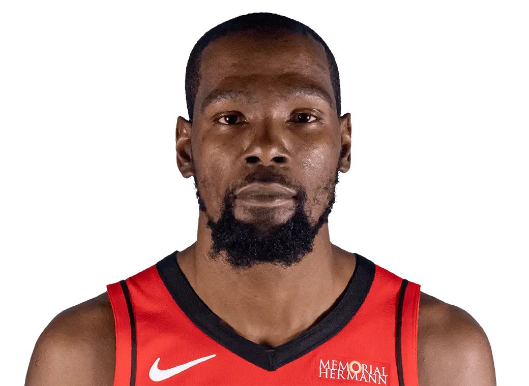 Headshot of Kevin Durant wearing a red Houston Rockets jersey