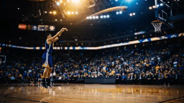Basketball player in Warriors jersey shooting three-pointer in arena with dramatic lighting