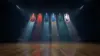 Six NBA team banners illuminated in dramatic arena lighting representing LeBron James free agency finalists