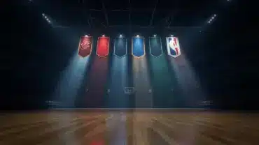 Six NBA team banners illuminated in dramatic arena lighting representing LeBron James free agency finalists