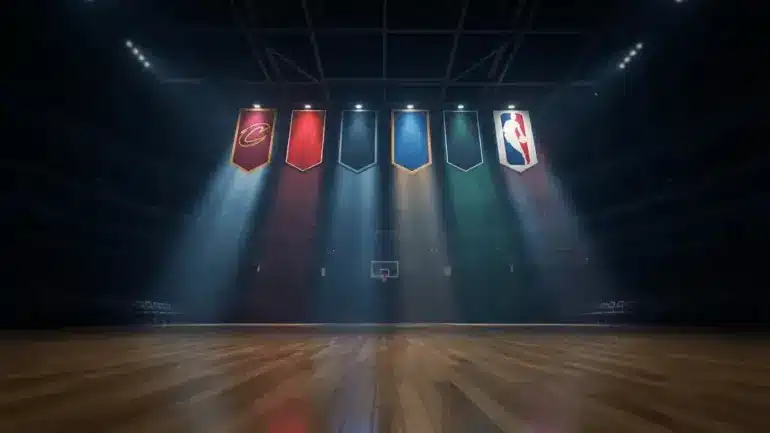 Six NBA team banners illuminated in dramatic arena lighting representing LeBron James free agency finalists