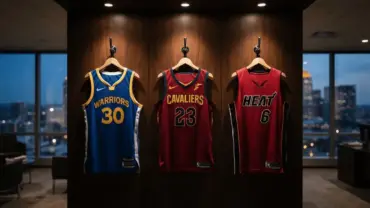 Three NBA jerseys representing Warriors, Cavaliers, and Heat hanging in dramatic lighting