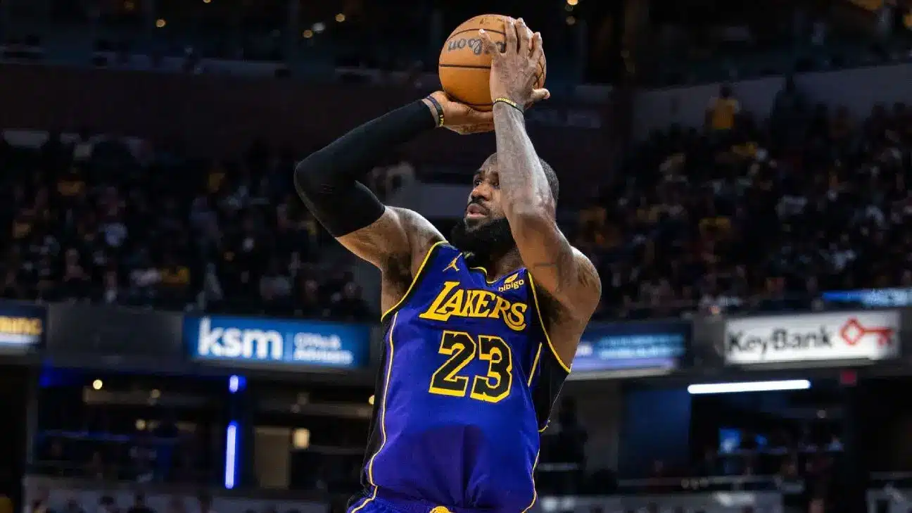 LeBron James of the Lakers shooting a basketball during a game.