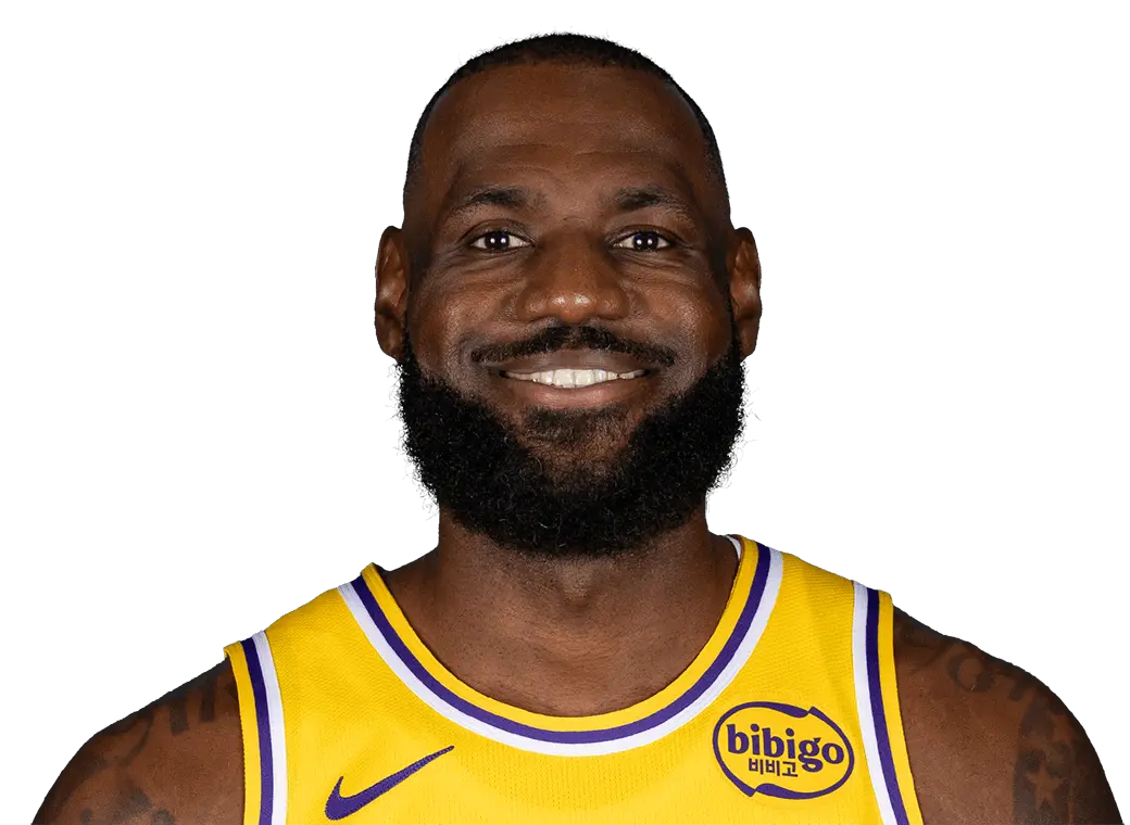 Headshot of LeBron James smiling, wearing a yellow Los Angeles Lakers jersey