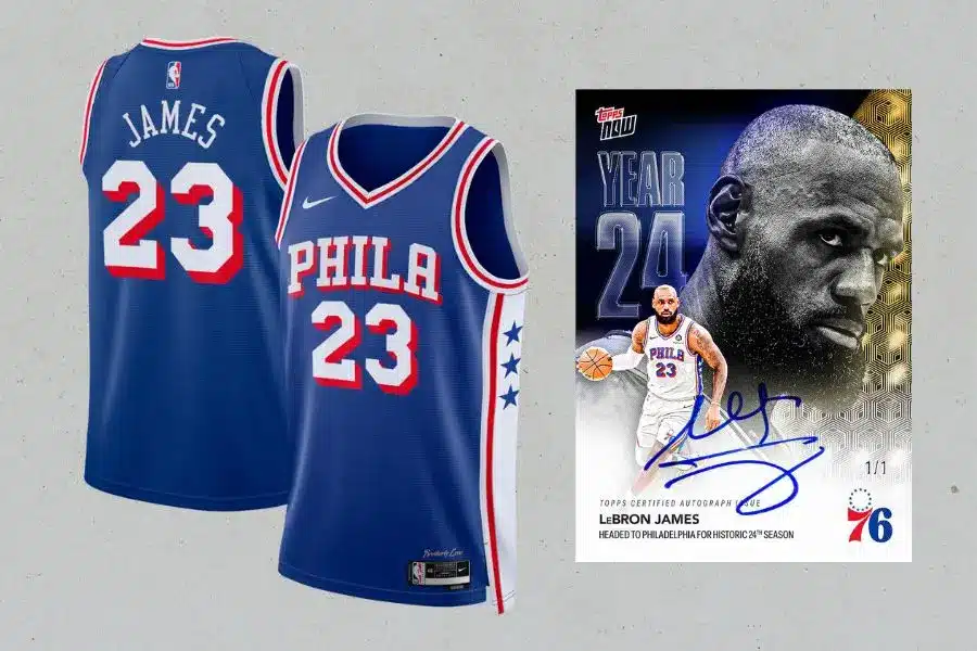 LeBron James Philadelphia 76ers concept jersey and a Topps Now trading card