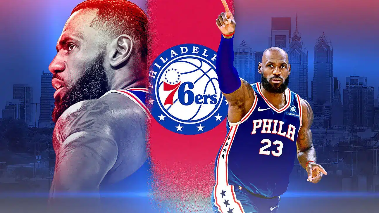 Digital edit of LeBron James wearing a Philadelphia 76ers jersey with the team logo and city skyline