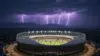Lightning storm over Azteca Stadium in Mexico City with dark clouds gathering at dusk