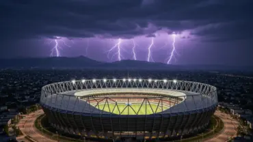 Lightning storm over Azteca Stadium in Mexico City with dark clouds gathering at dusk