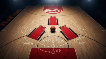 Atlanta Hawks jerseys arranged on basketball court in defensive formation with tactical markings