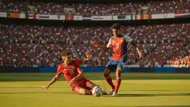 World Cup knockout stage soccer match action with players competing in packed stadium