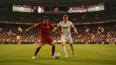 World Cup knockout stage soccer match with players competing for the ball under stadium lights
