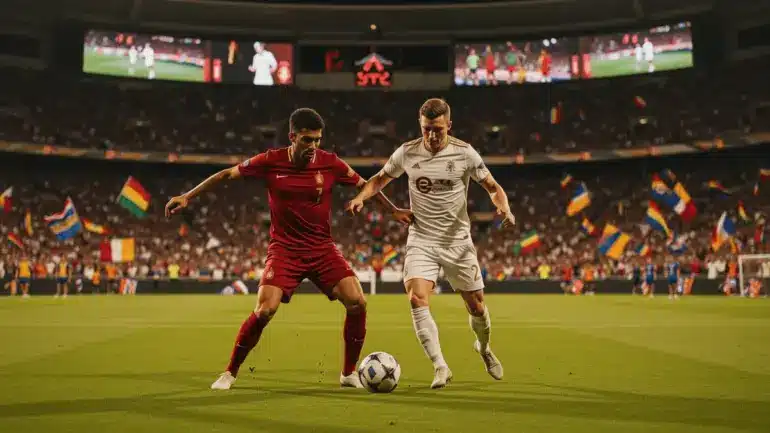 World Cup knockout stage soccer match with players competing for the ball under stadium lights