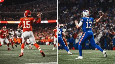 Two elite NFL quarterbacks in Chiefs red and Bills blue jerseys throwing passes in stadium lighting
