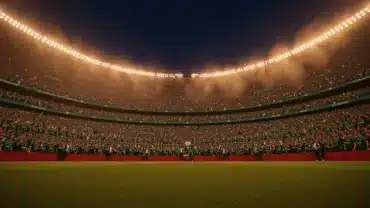 Estadio Azteca packed with Mexican fans during 2026 World Cup match under dramatic stadium lights