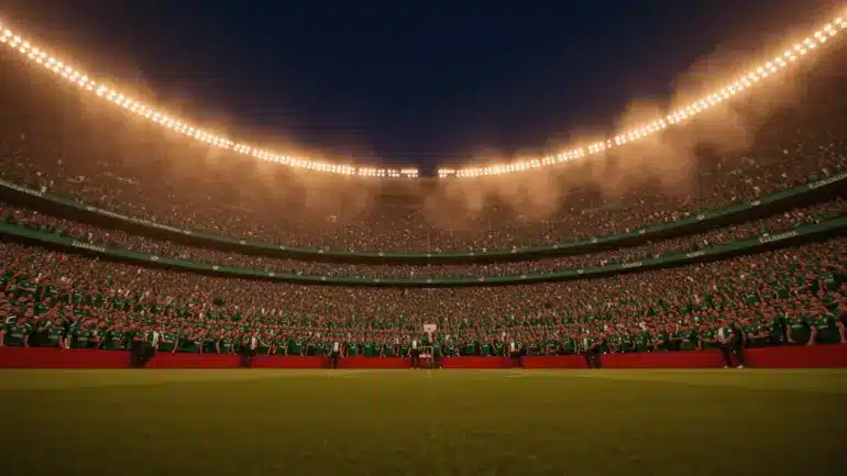 Estadio Azteca packed with Mexican fans during 2026 World Cup match under dramatic stadium lights