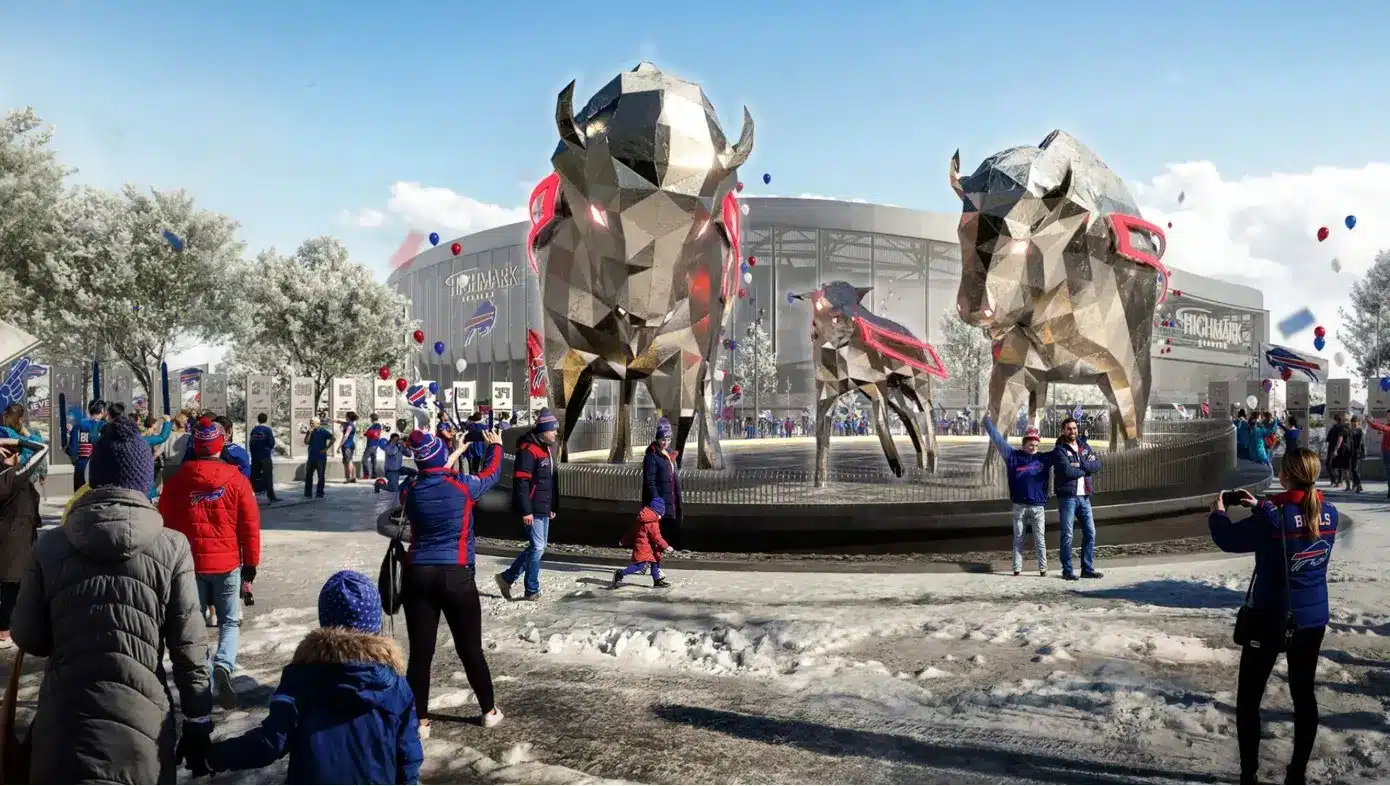 Renderings of bison statues outside Highmark Stadium with fans celebrating.