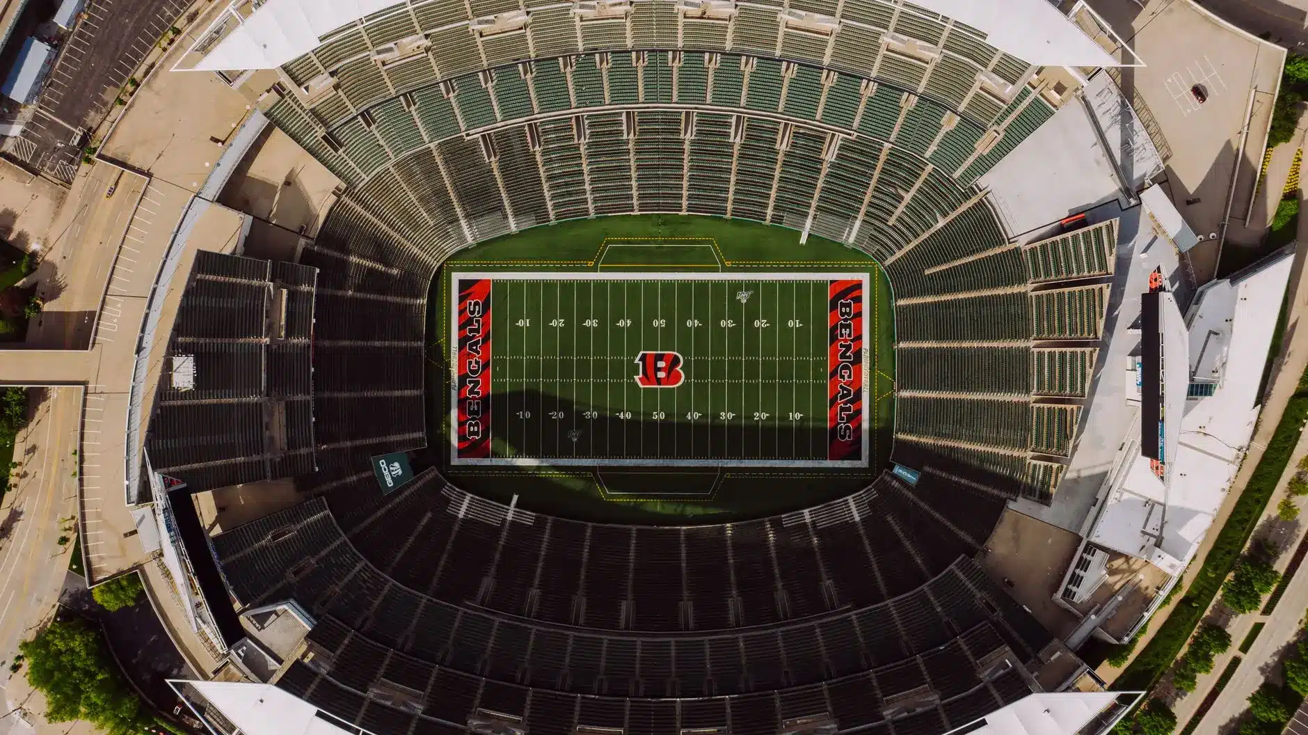 Aerial view of a football stadium featuring Cincinnati Bengals turf.