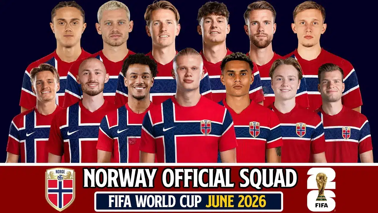 Norway national football team players in red jerseys for FIFA World Cup 2026.