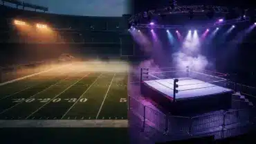 NFL football field and WWE wrestling ring split composition with dramatic stadium lighting