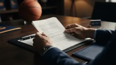 Basketball contract negotiation scene with documents and basketball on conference table