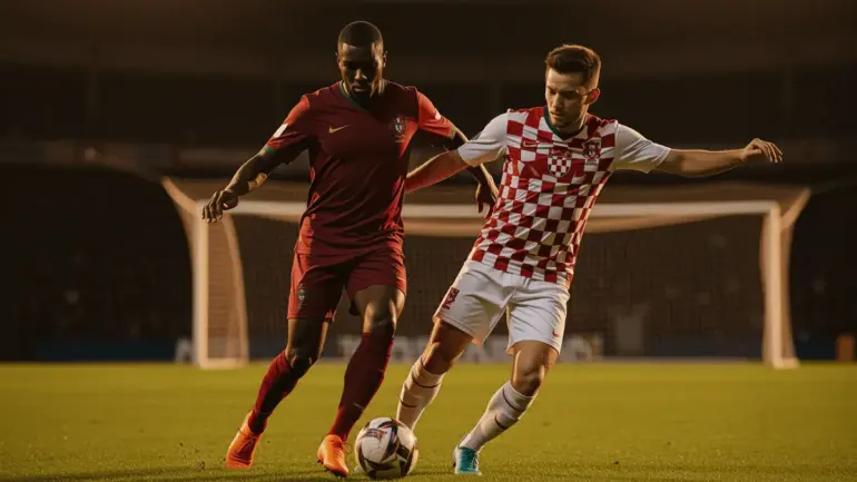 Portugal and Croatia soccer players competing for ball during intense World Cup knockout match