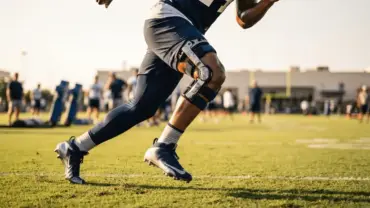 NFL knee brace on athlete's leg during Cowboys training, symbolizing recovery and athletic performance