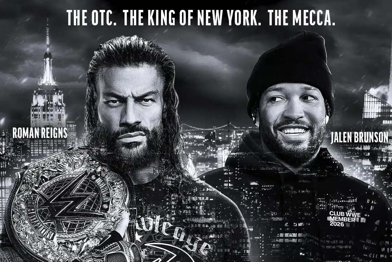 Roman Reigns and Jalen Brunson with NYC skyline backdrop, both prominently featured.