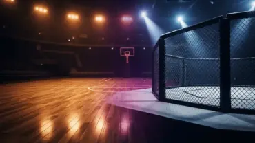 Basketball court and UFC octagon merging with dramatic lighting showing WNBA crossover into mainstream sports