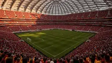 SoFi Stadium interior during World Cup match with dramatic lighting and packed crowd in red and white