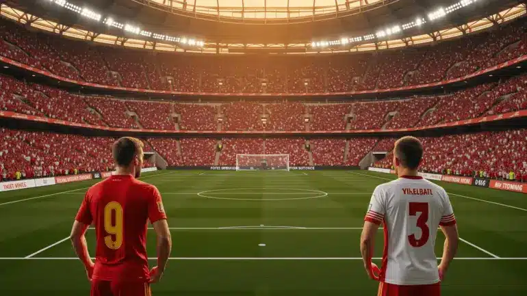 Spain vs Austria World Cup Round of 32 match at SoFi Stadium with stadium lights and team colors