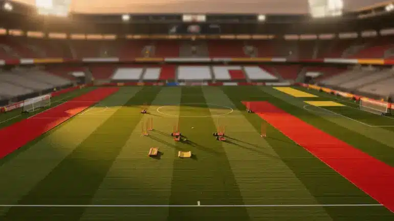 Soccer stadium pitch with Spain and Austria team colors for World Cup 2026 betting preview