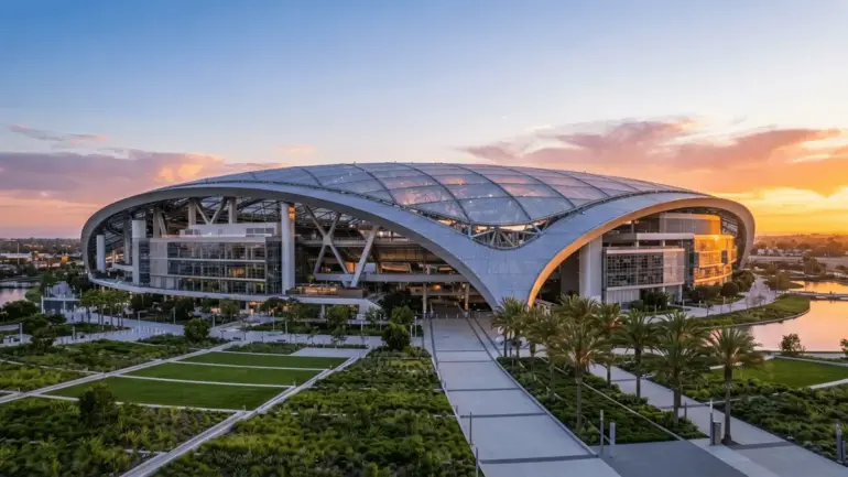 SoFi Stadium exterior at sunset for Spain vs Belgium World Cup 2026 quarter-final match