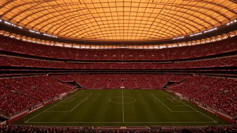 SoFi Stadium during World Cup 2026 knockout match with dramatic lighting and packed crowd