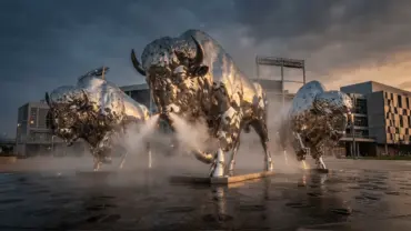 Three stainless steel bison statues with mist effects outside Highmark Stadium plaza