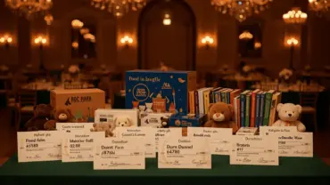 Elegant charity gala with donation displays and philanthropic symbols in luxurious ballroom setting