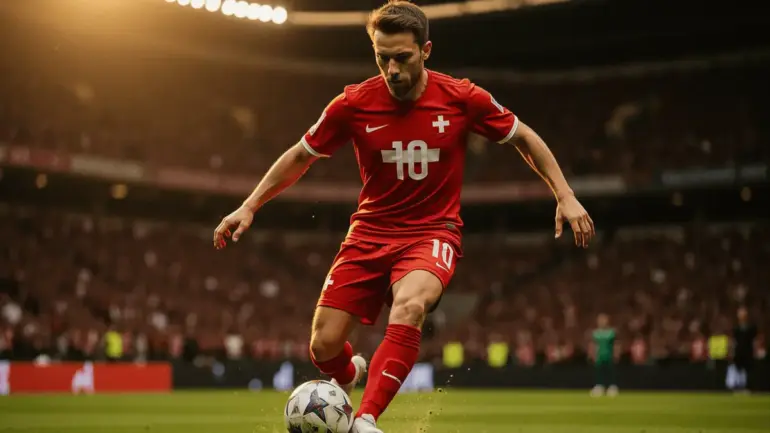 Swiss soccer player controlling ball during World Cup match in stadium