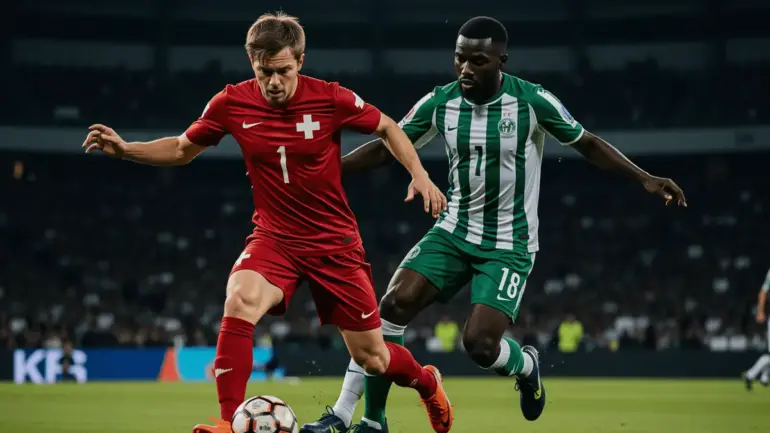 Switzerland vs Algeria World Cup soccer match action with players competing for ball