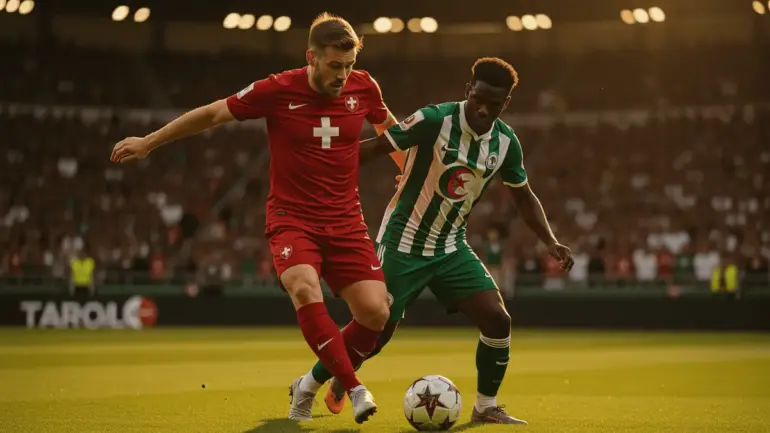 Switzerland vs Algeria World Cup knockout match action with players competing for the ball