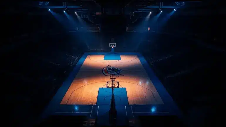 Oklahoma City Thunder basketball court with dramatic lighting representing financial and roster decisions