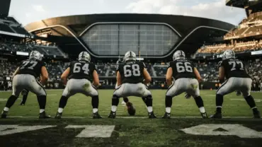 Raiders offensive line in formation on field with center position prominently featured