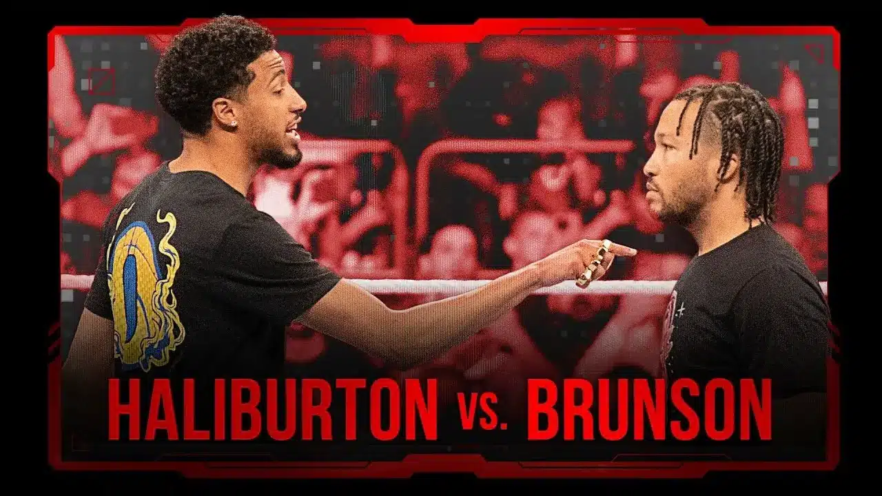 Tyrese Haliburton and Jalen Brunson facing off in a WWE SmackDown setting.