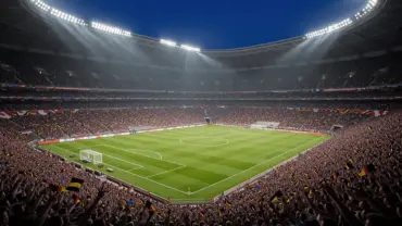 Packed soccer stadium at night with dramatic lighting during World Cup knockout match atmosphere