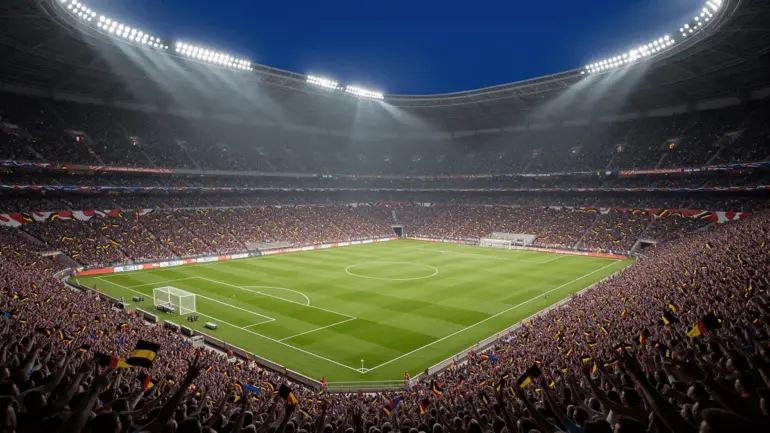 Packed soccer stadium at night with dramatic lighting during World Cup knockout match atmosphere