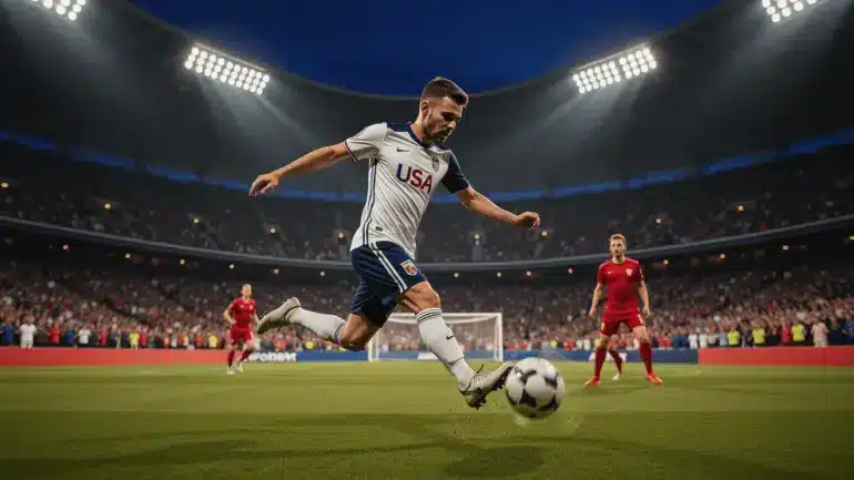 USA striker taking powerful shot during World Cup knockout match at packed Lumen Field stadium